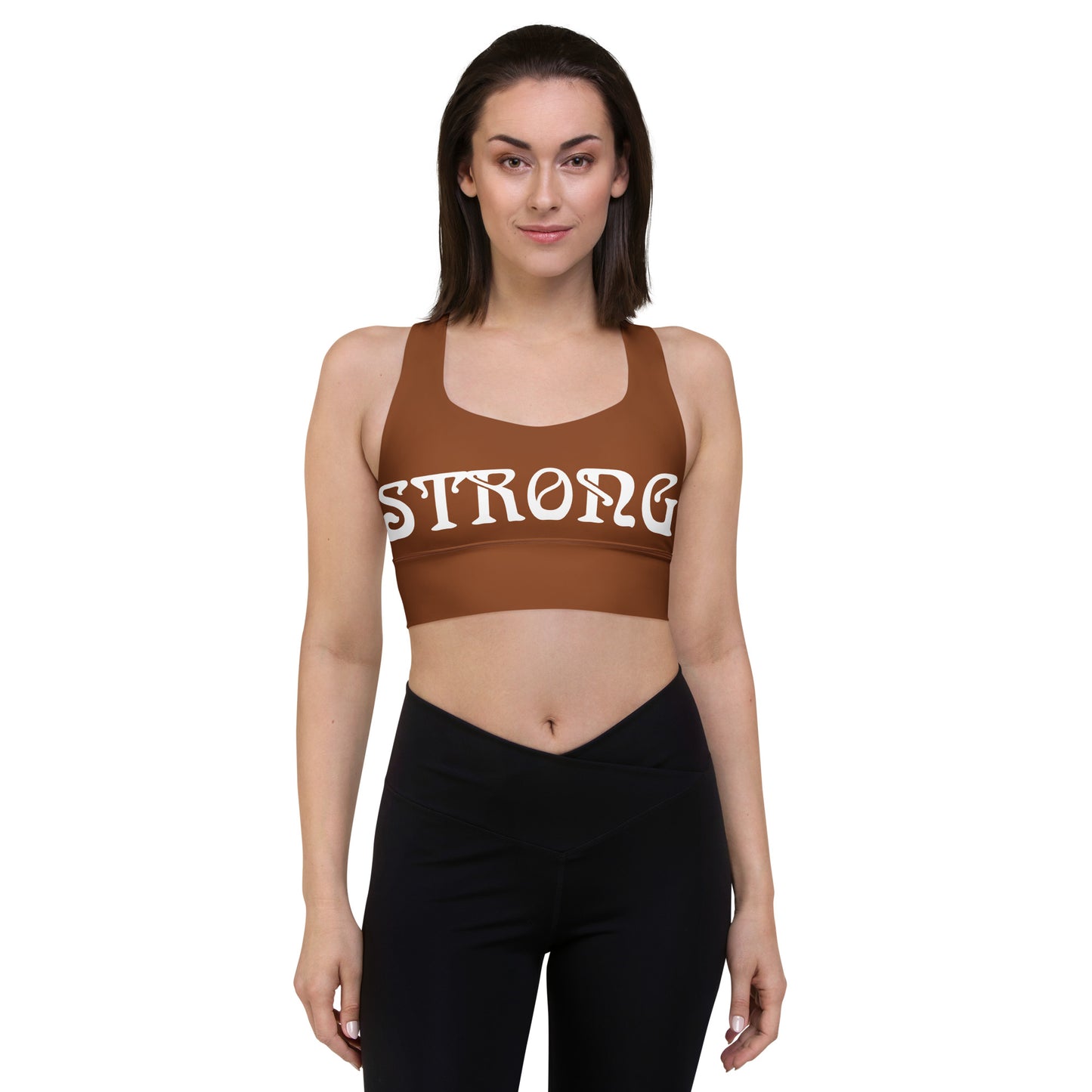 “STRONG”Brown Longline Sports Bra W/White Font