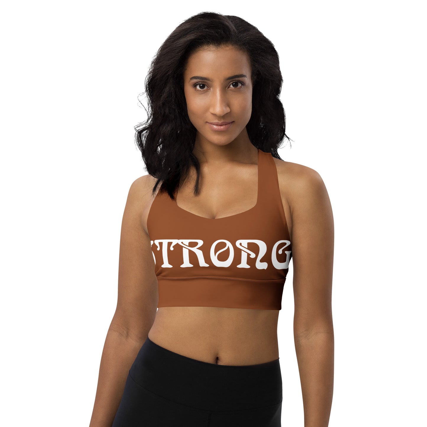 “STRONG”Brown Longline Sports Bra W/White Font