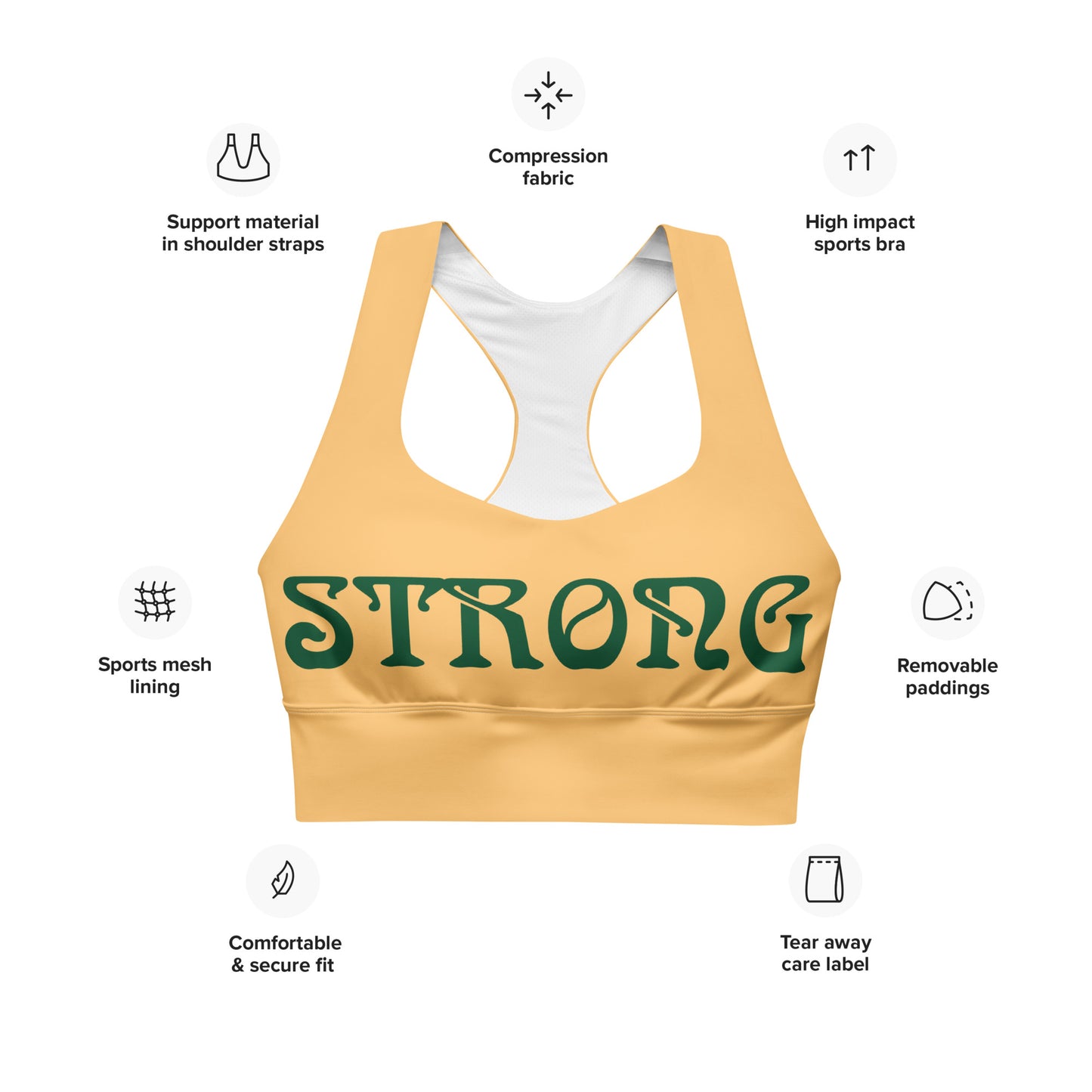 “STRONG”Chardonnay Longline Sports Bra W/Green Font