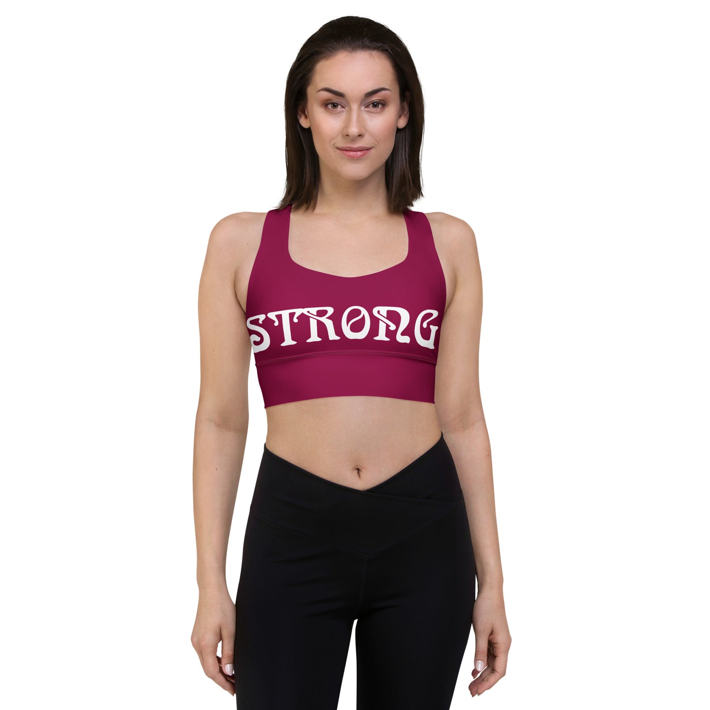 “STRONG”Burgundy Longline Sports Bra W/White Font