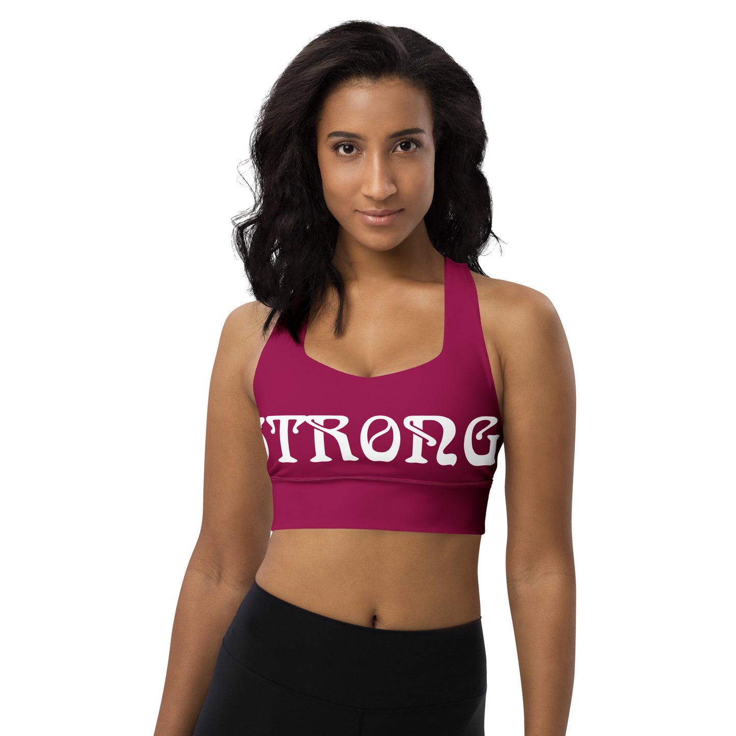 “STRONG”Burgundy Longline Sports Bra W/White Font