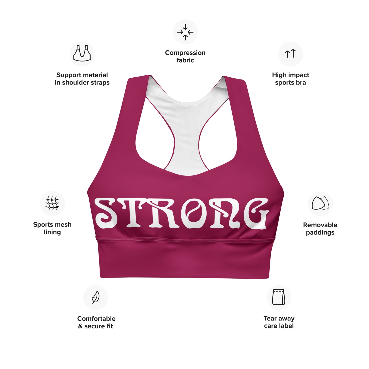 “STRONG”Burgundy Longline Sports Bra W/White Font