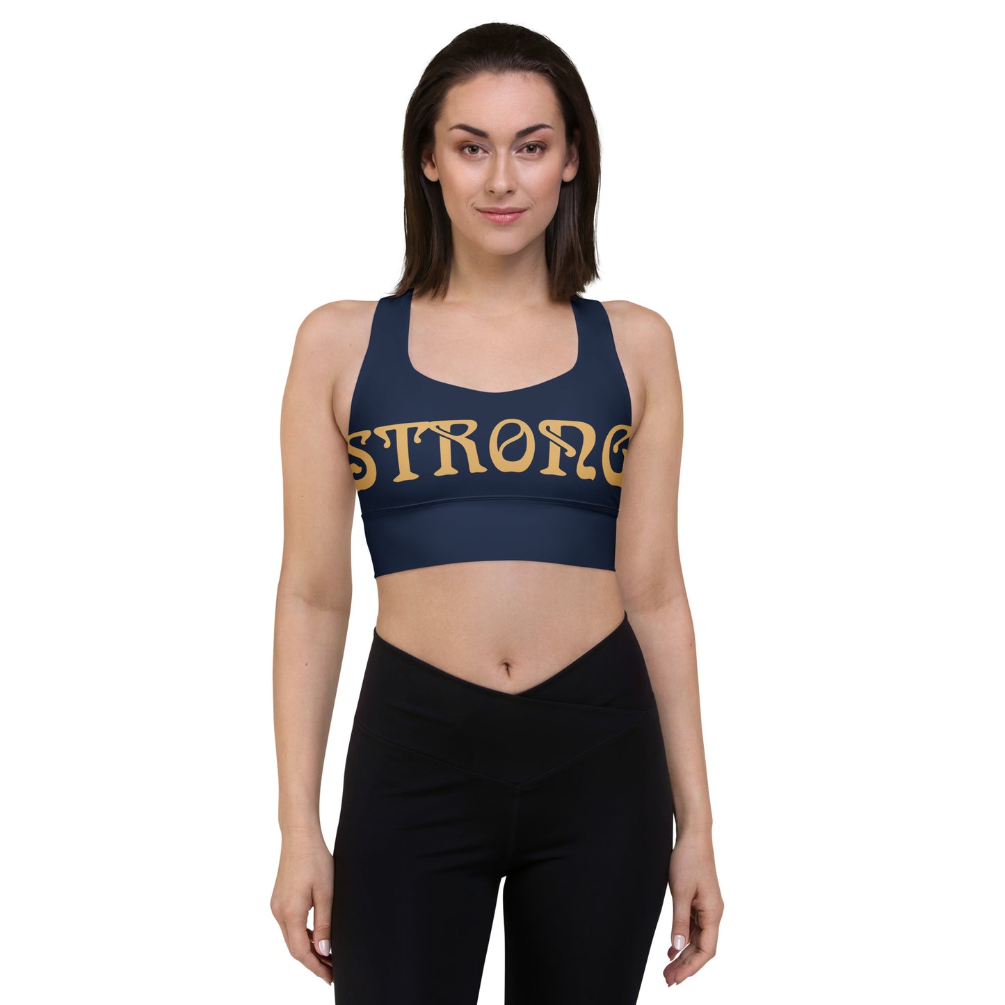 “STRONG”Navy Longline Sports Bra W/Fawn Font