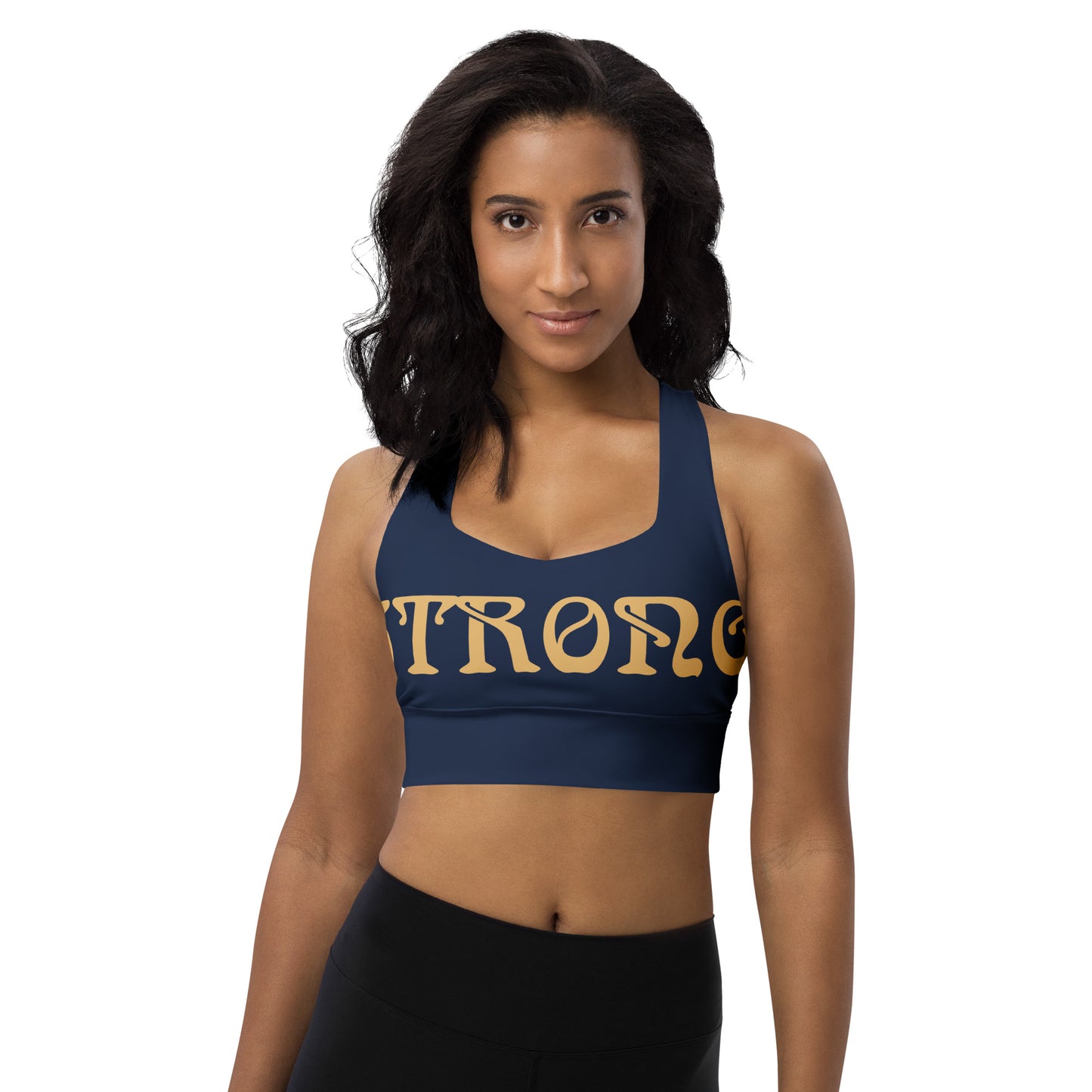 “STRONG”Navy Longline Sports Bra W/Fawn Font