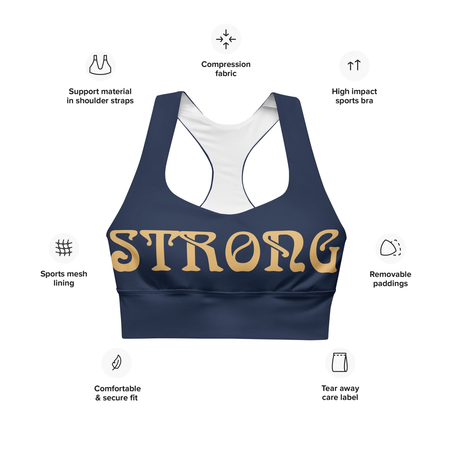 “STRONG”Navy Longline Sports Bra W/Fawn Font