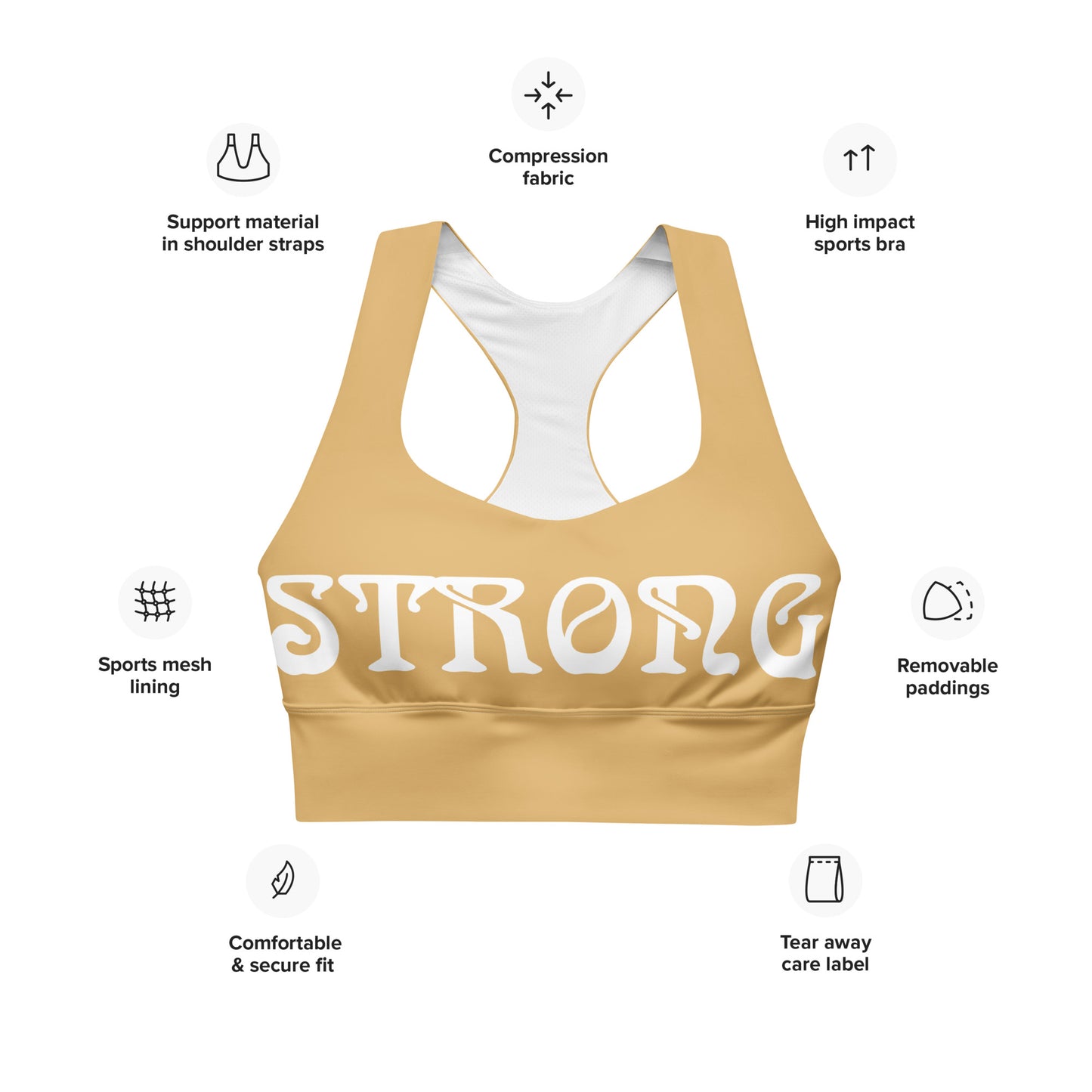 “STRONG” Fawn Longline Sports Bra W/White Font