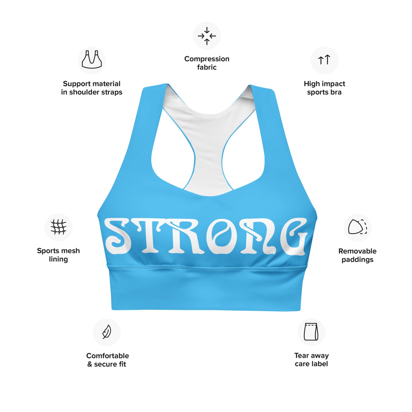 “STRONG”SkyBlue Longline Sports Bra W/White Font