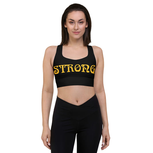 “STRONG”Black Longline Sports Bra W/Yellow Font