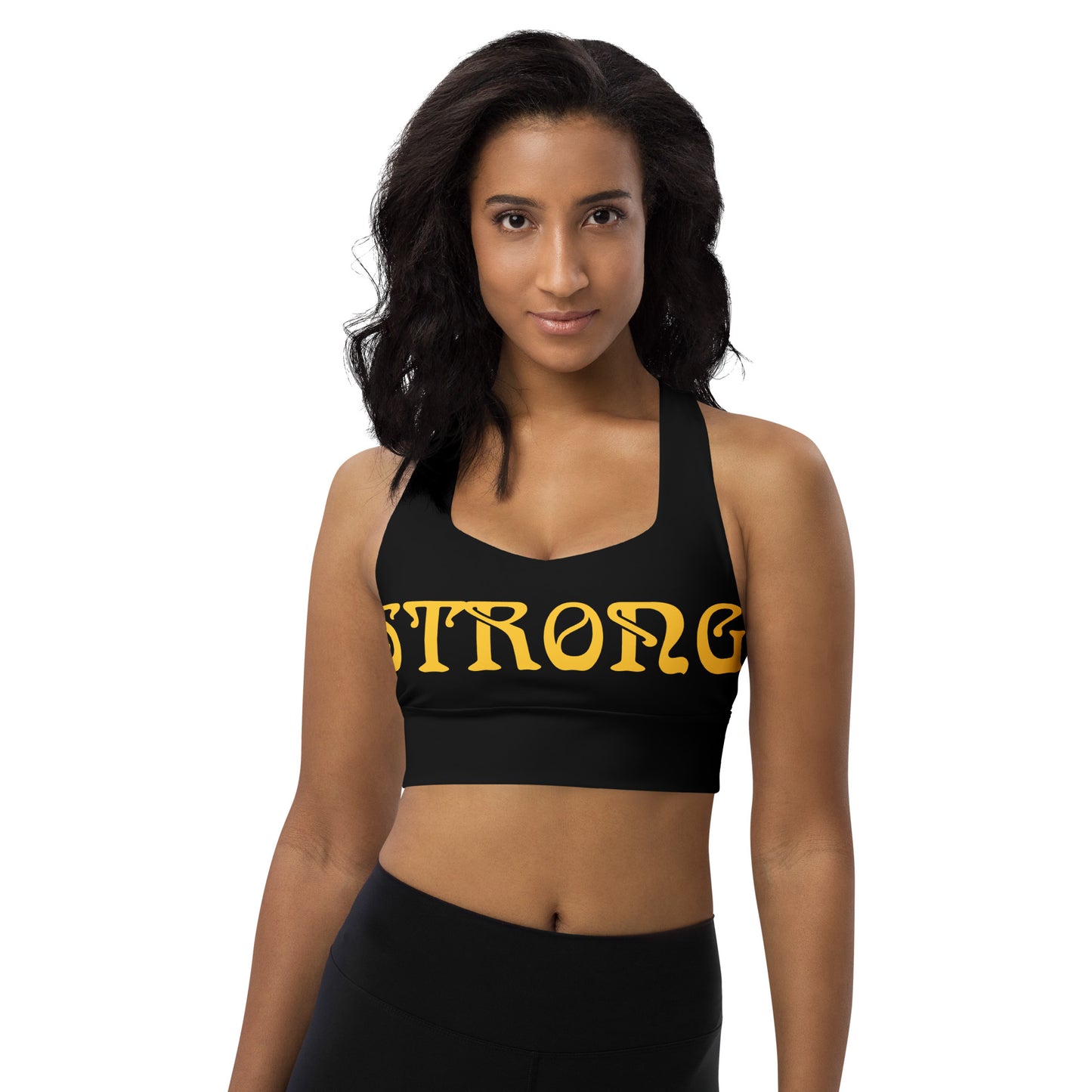 “STRONG”Black Longline Sports Bra W/Yellow Font