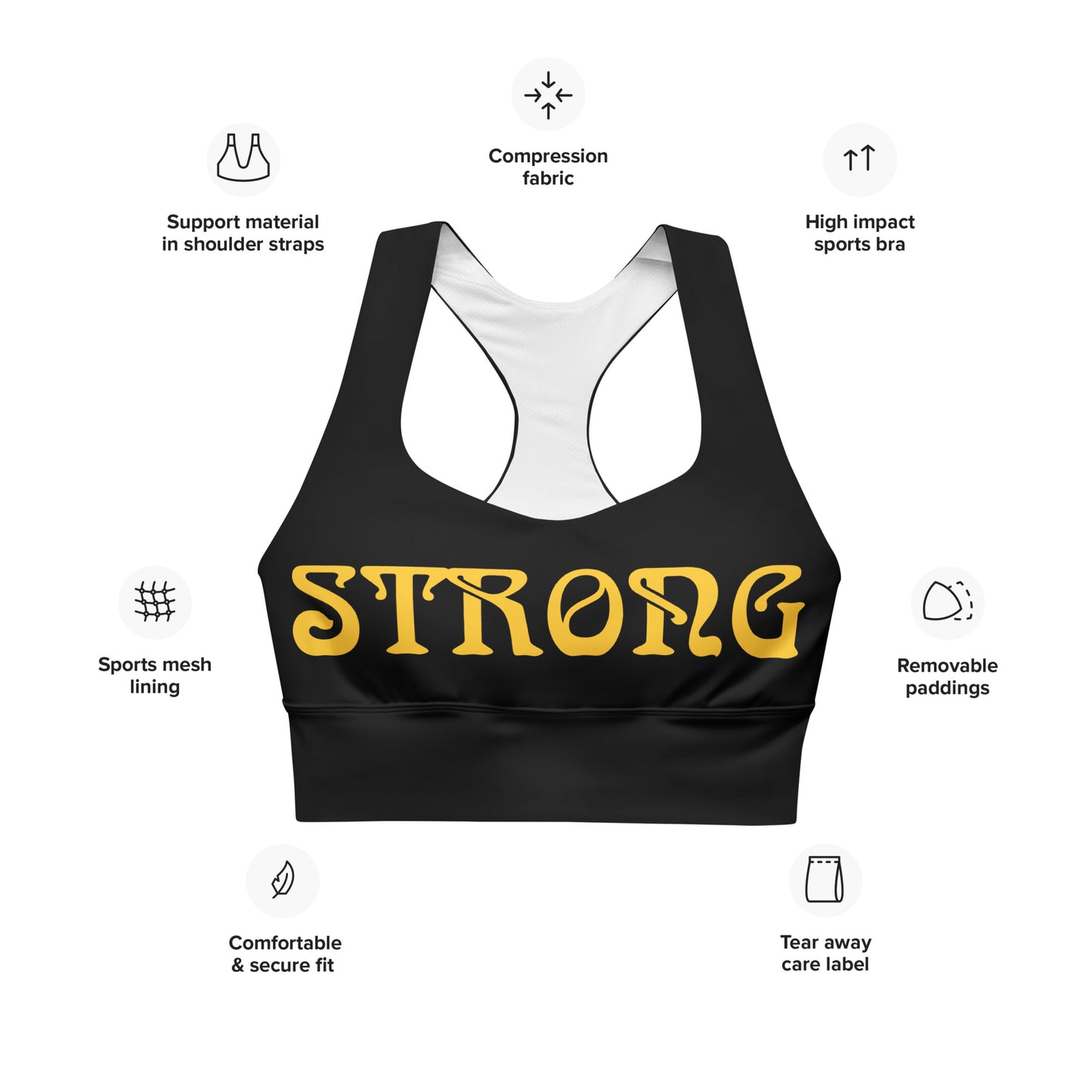 “STRONG”Black Longline Sports Bra W/Yellow Font