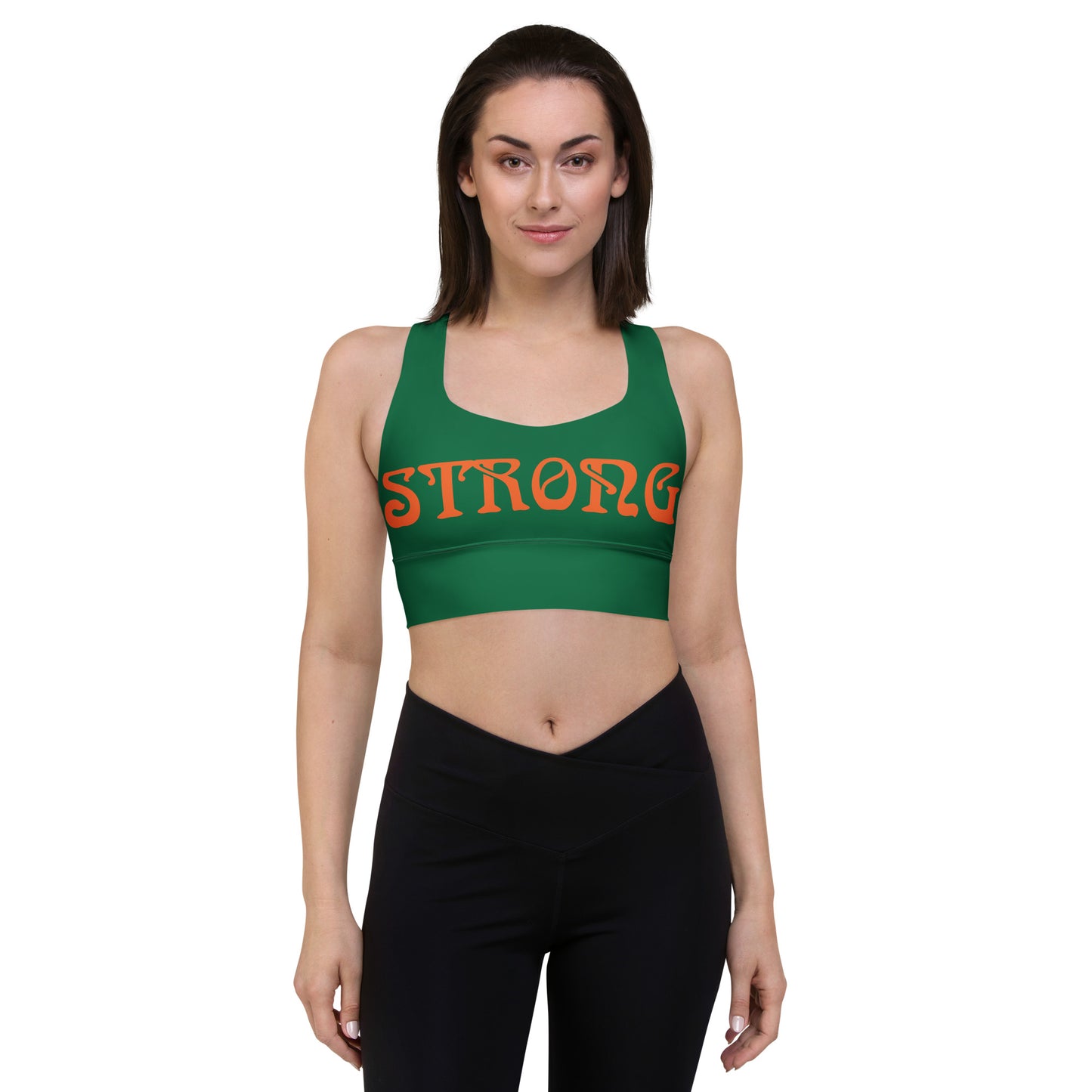 “STRONG” Green Longline Sports Bra W/Orange Font