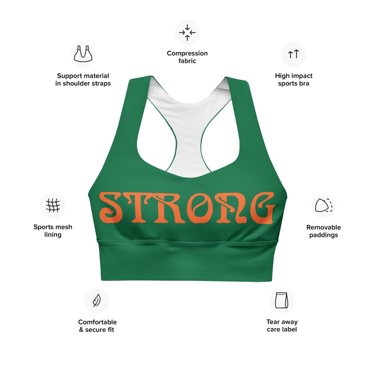 “STRONG” Green Longline Sports Bra W/Orange Font