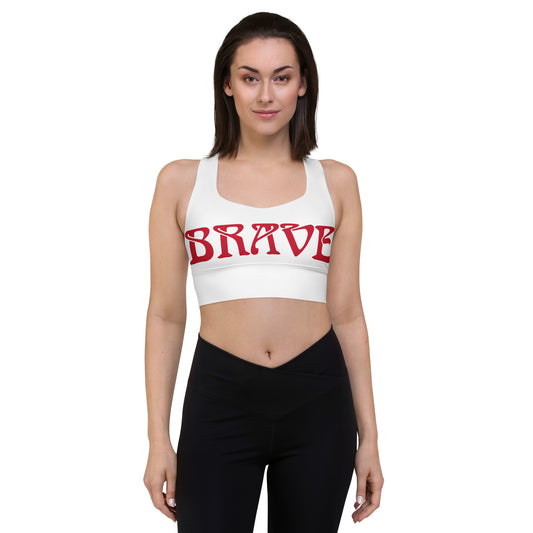 “BRAVE”White Longline Sports Bra W/Red Font