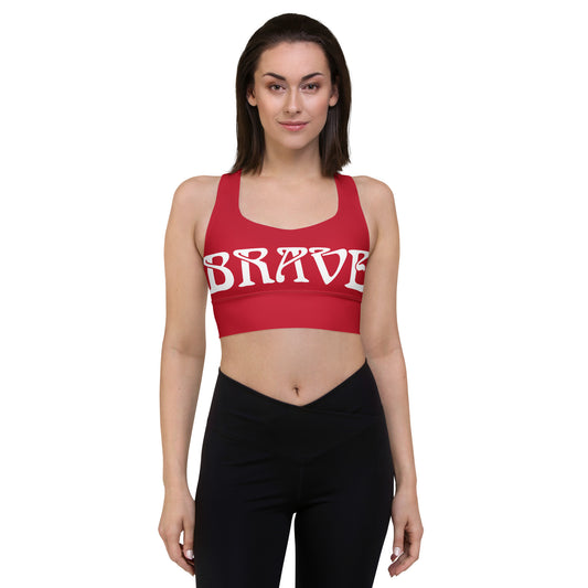 “BRAVE”Red Longline Sports Bra W/White Font