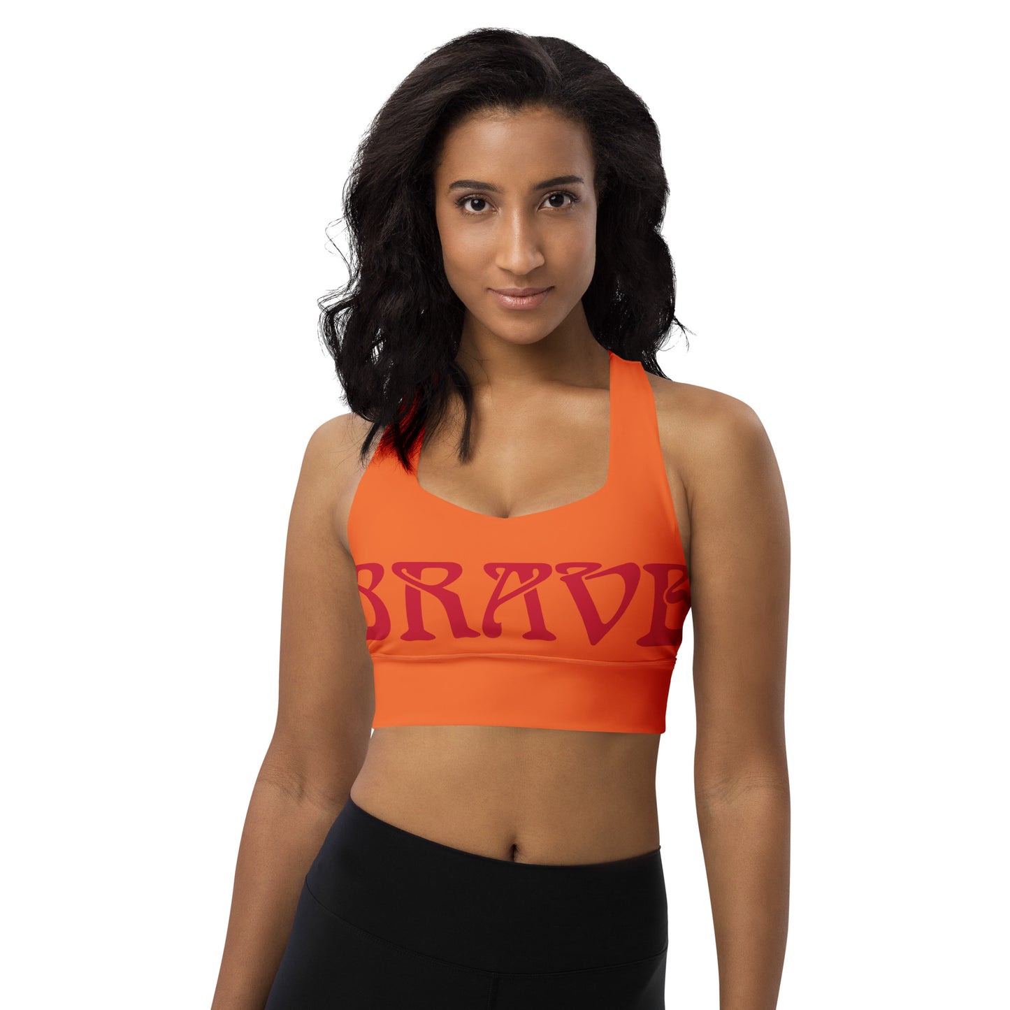 “BRAVE”Orange Longline Sports Bra W/Red Font