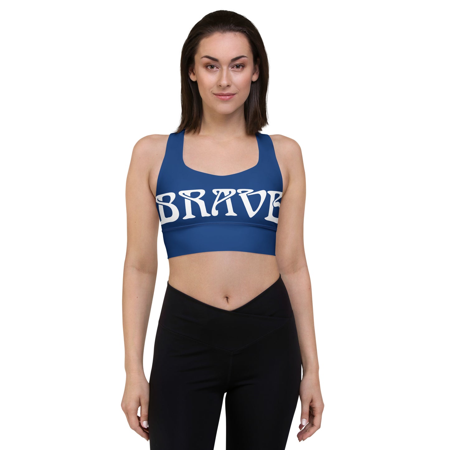 “BRAVE”Blue Longline Sports Bra W/White Font