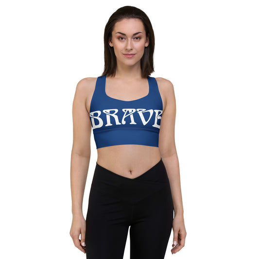 “BRAVE”Blue Longline Sports Bra W/White Font