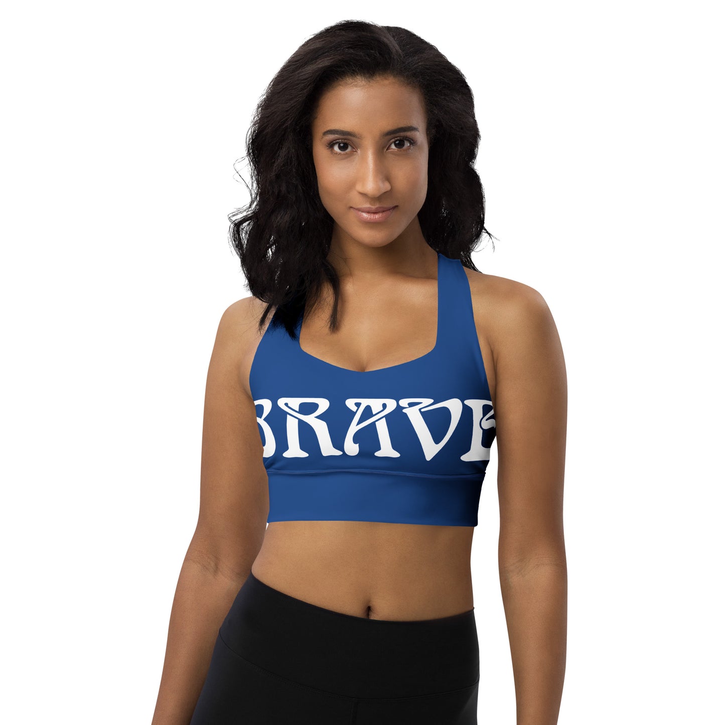 “BRAVE”Blue Longline Sports Bra W/White Font