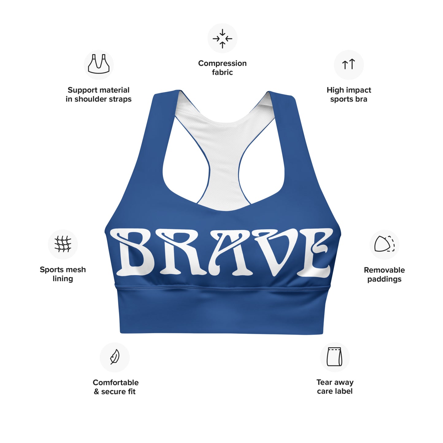 “BRAVE”Blue Longline Sports Bra W/White Font