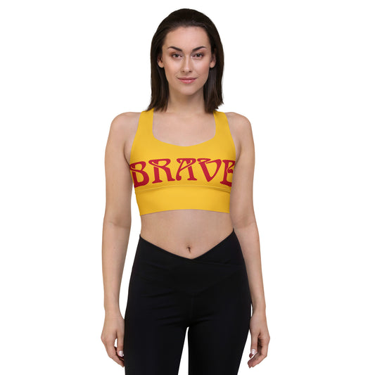 “BRAVE”Yellow Longline Sports Bra W/Red Font