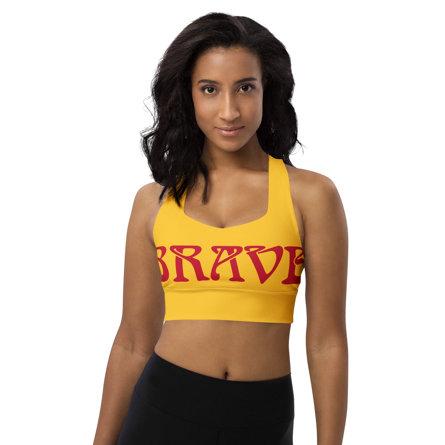 “BRAVE”Yellow Longline Sports Bra W/Red Font