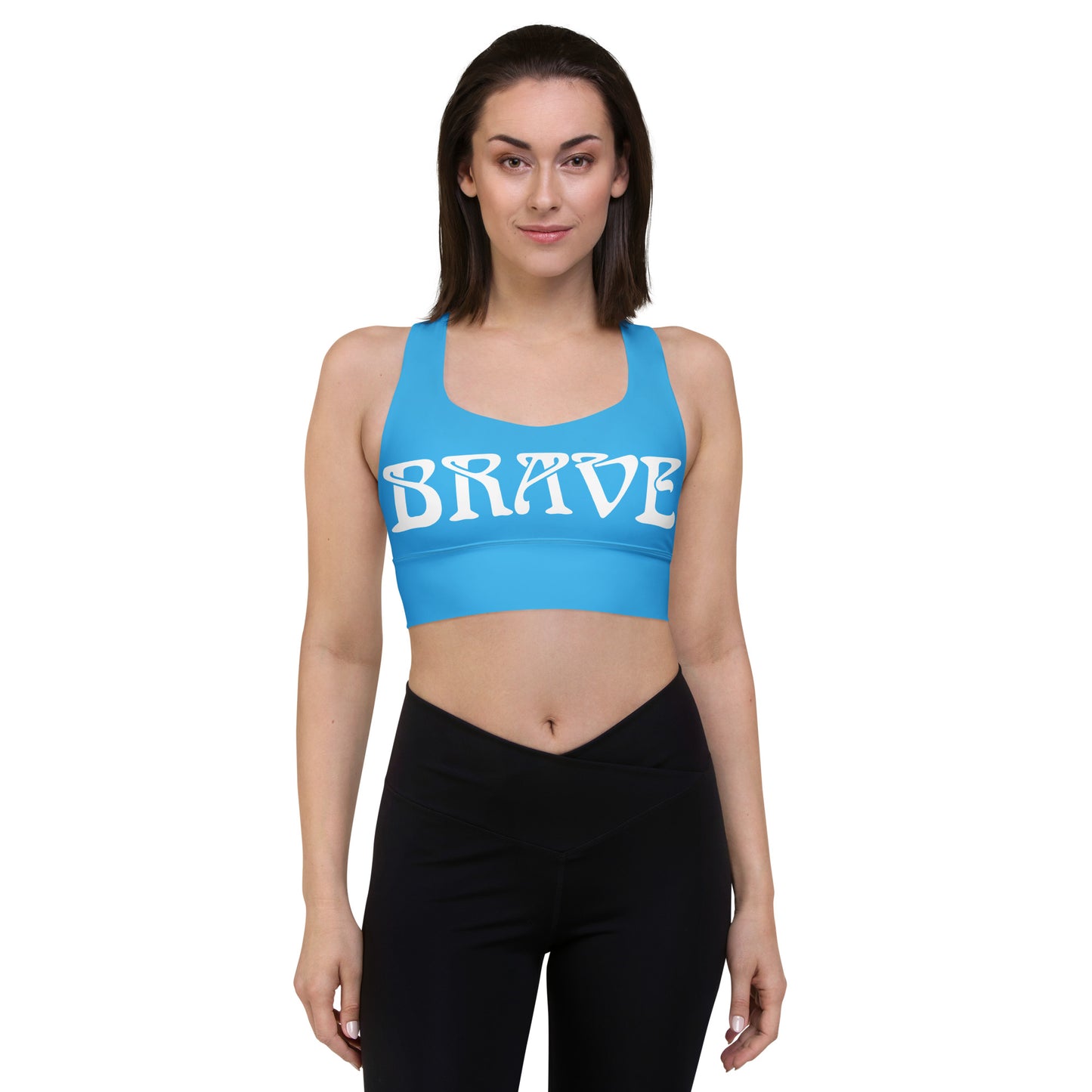 “BRAVE” SkyBlue Longline Sports Bra W/White Font