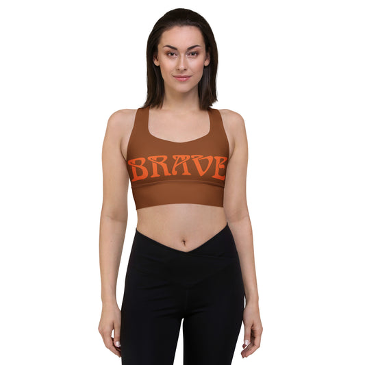 “BRAVE” Brown Longline Sports Bra W/Orange Font