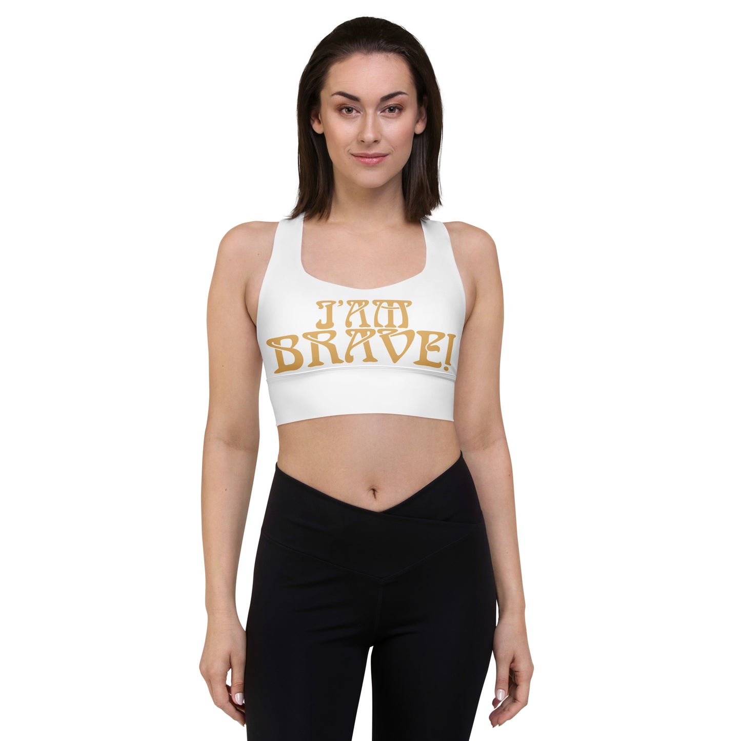 “I’AM BRAVE!” White Longline Sports Bra W/Fawn Font