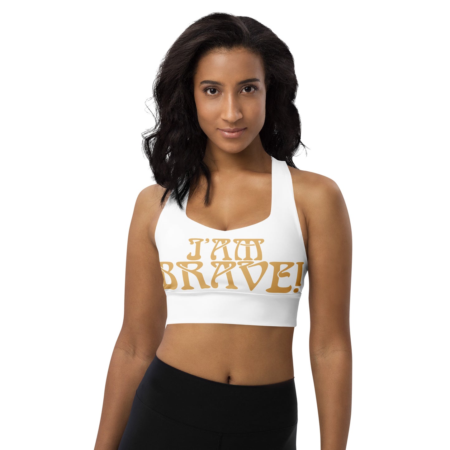 “I’AM BRAVE!” White Longline Sports Bra W/Fawn Font