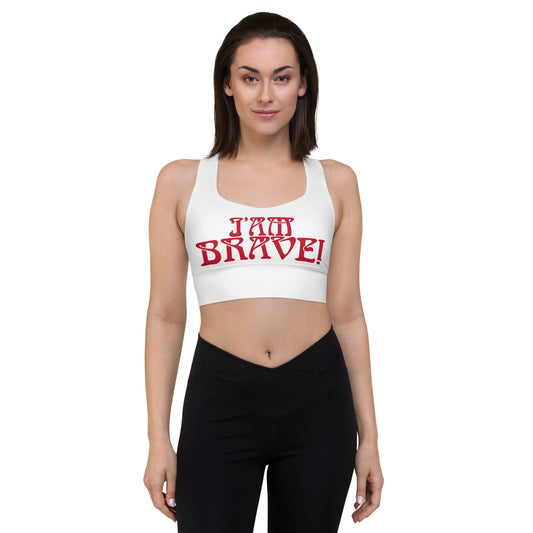 “I’AM BRAVE!” White Longline Sports Bra W/Red Font