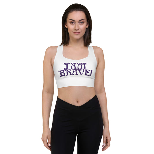 “I’AM BRAVE!” White Longline Sports Bra W/Purple Font