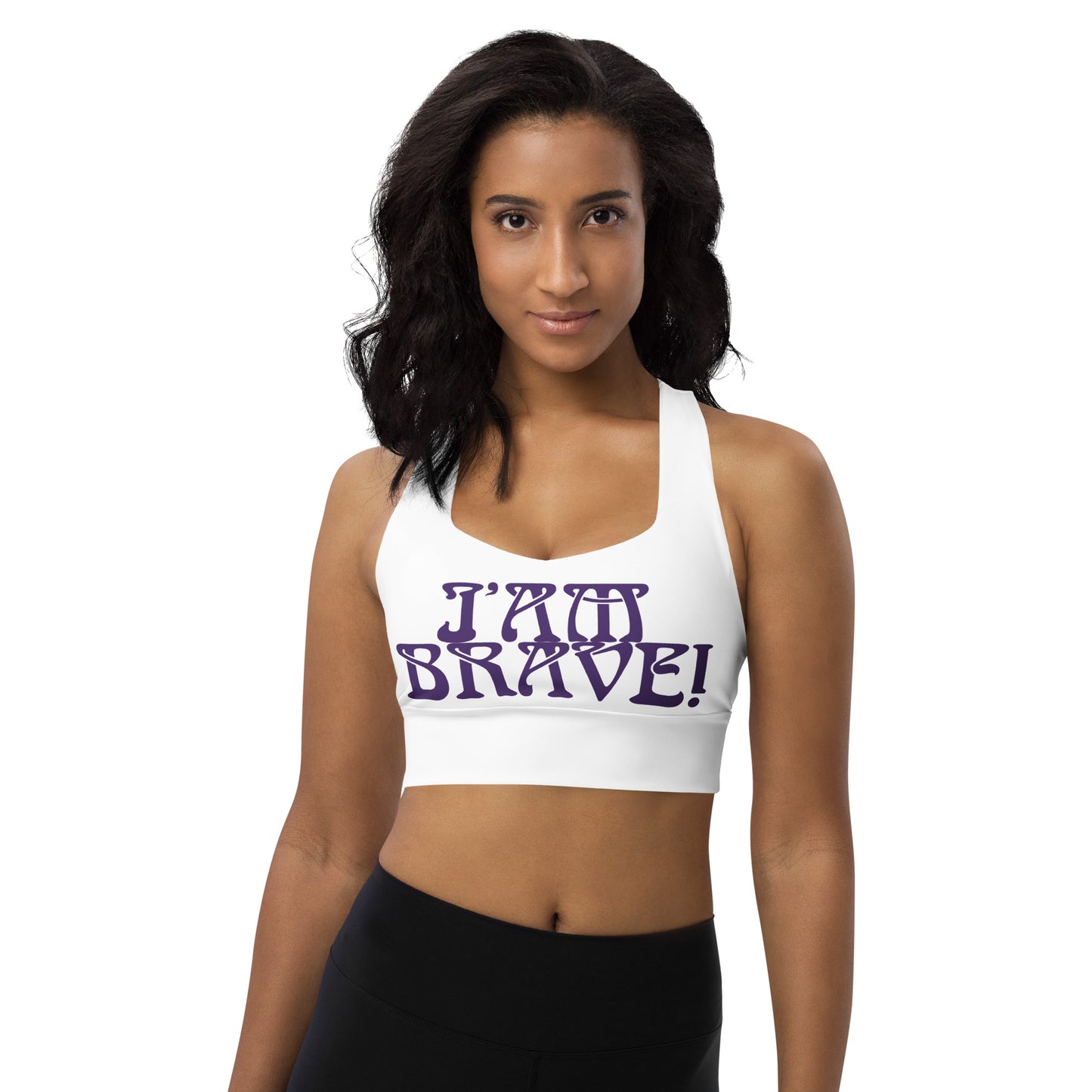 “I’AM BRAVE!” White Longline Sports Bra W/Purple Font