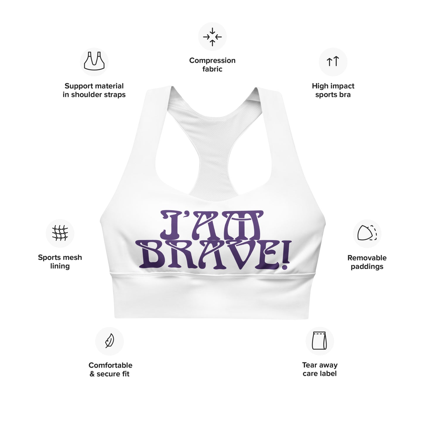 “I’AM BRAVE!” White Longline Sports Bra W/Purple Font