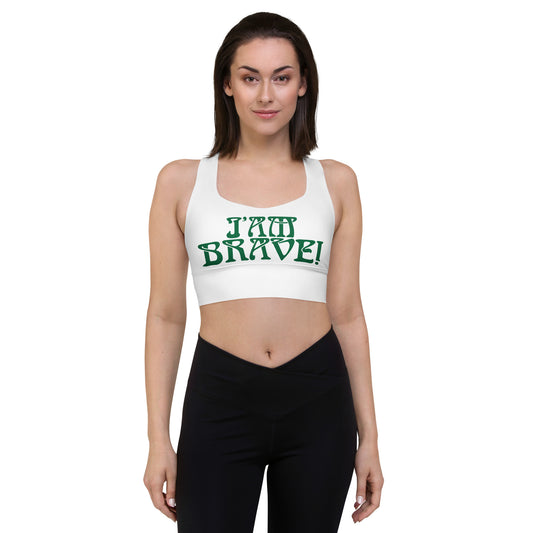 “I’AM BRAVE!” White Longline Sports Bra W/Green Font