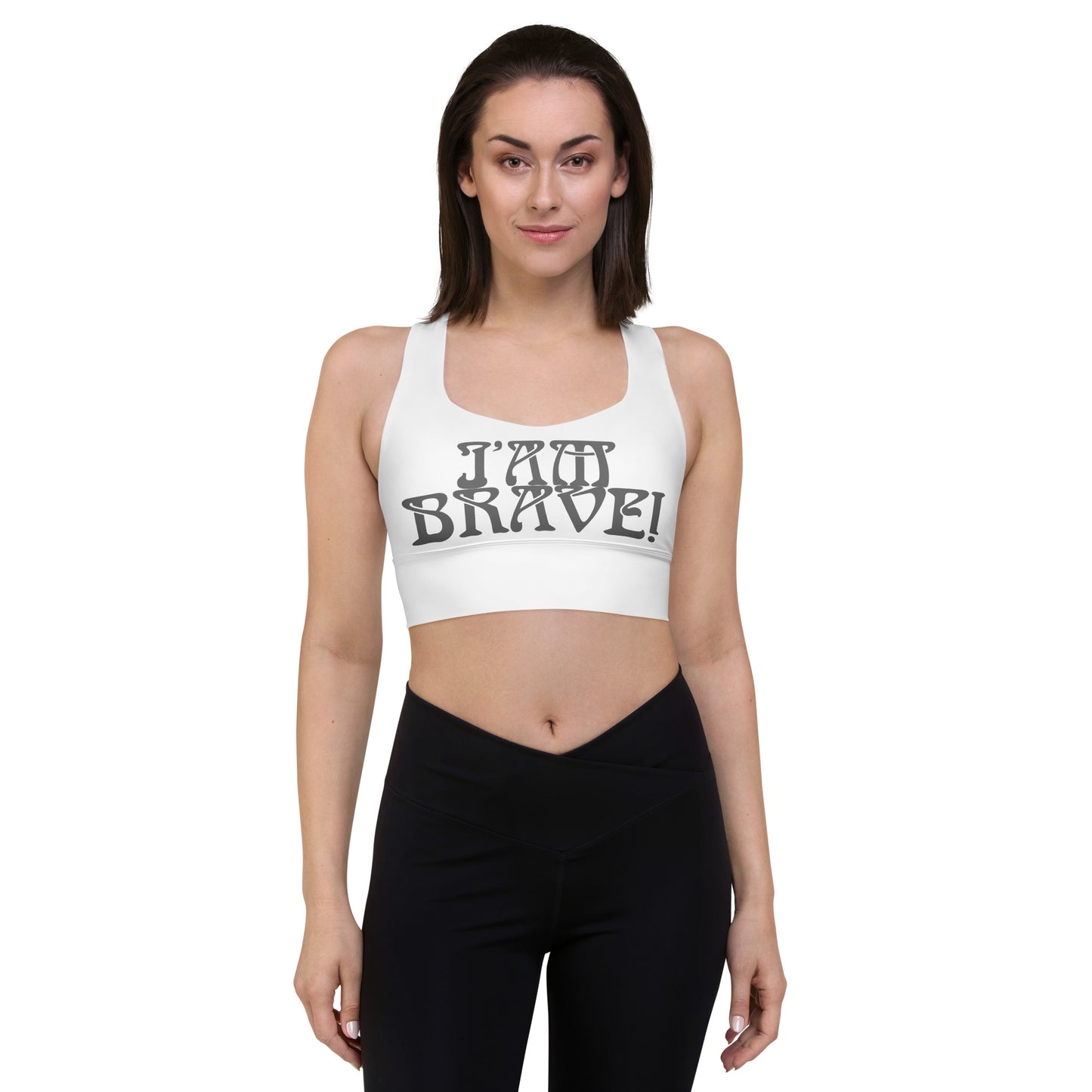 “I’AM BRAVE!” White Longline Sports Bra W/Grey Font