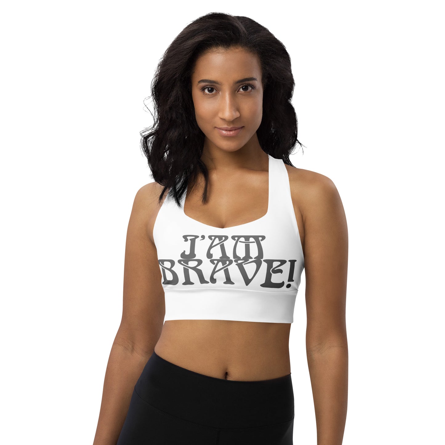 “I’AM BRAVE!” White Longline Sports Bra W/Grey Font