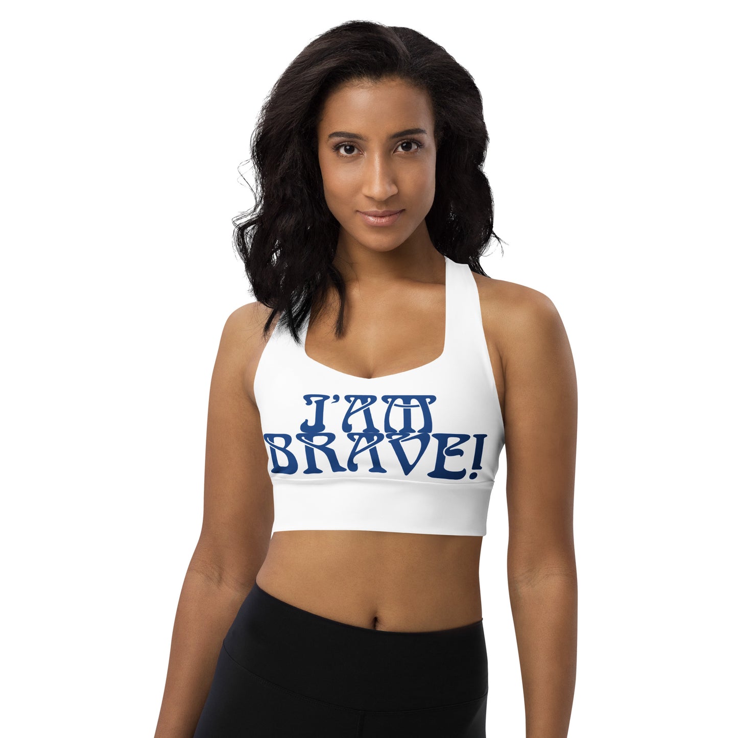 “I’AM BRAVE!” White Longline Sports Bra W/Blue Font