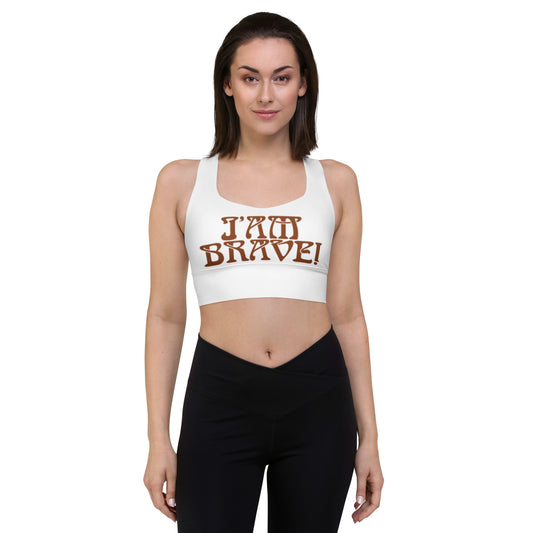 “I’AM BRAVE!” White Longline Sports Bra W/Brown Font