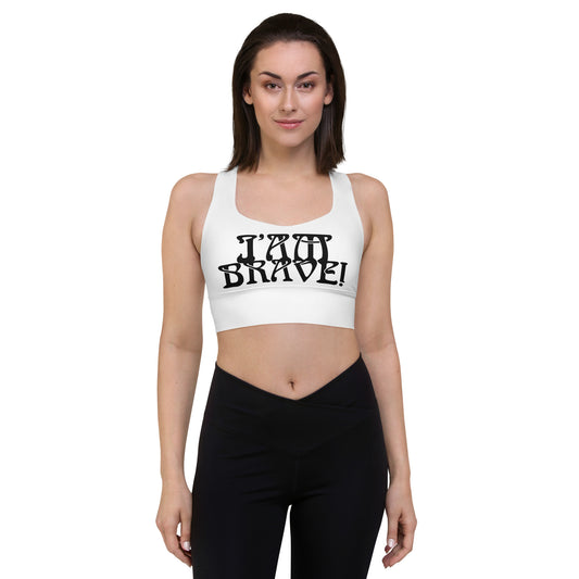 “I’AM BRAVE!” White Longline Sports Bra W/Black Font