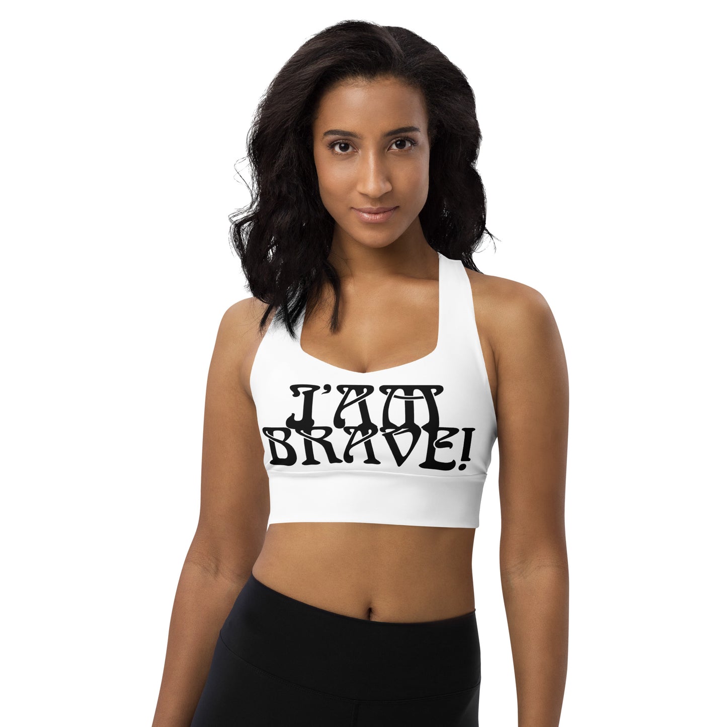 “I’AM BRAVE!” White Longline Sports Bra W/Black Font