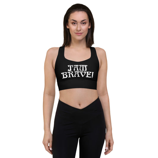 “I’AM BRAVE!” Black Longline Sports Bra W/White Font