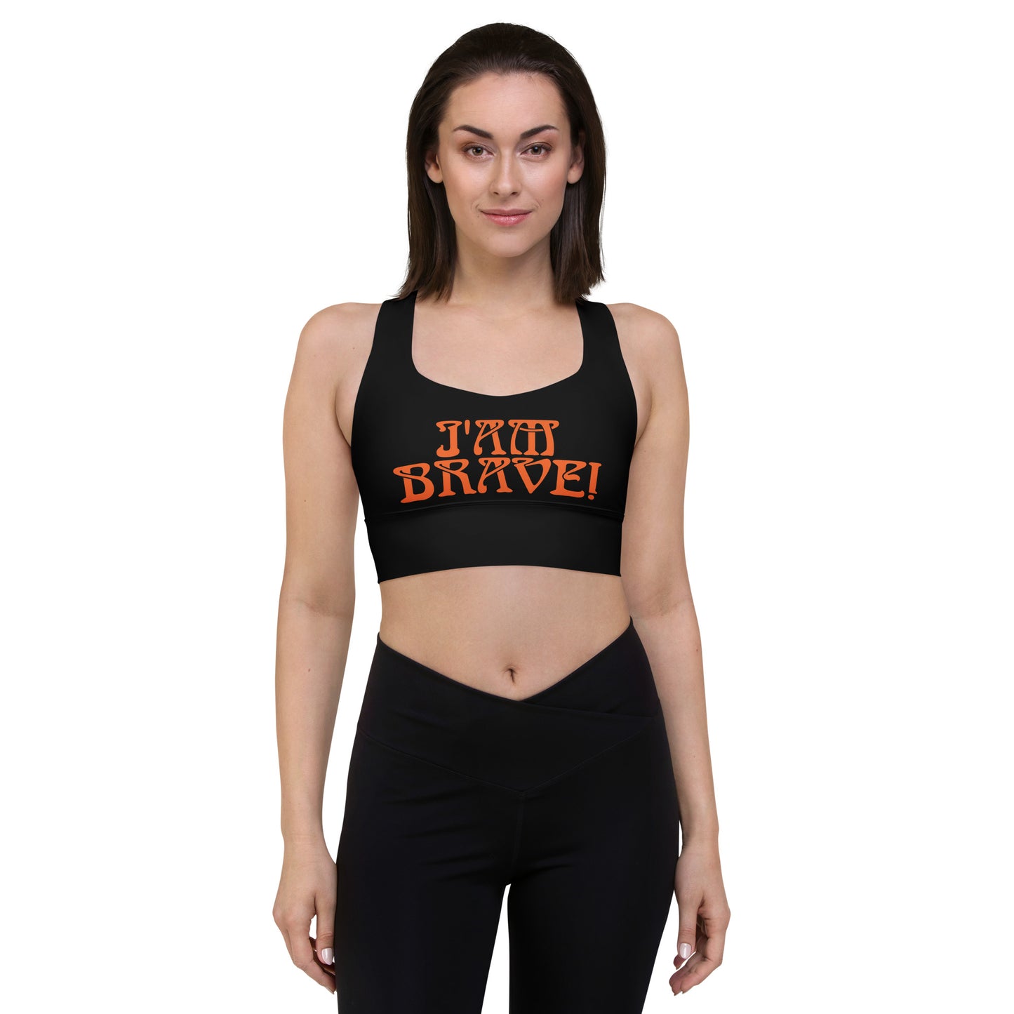 “I’AM BRAVE!” Black Longline Sports Bra W/Orange Font