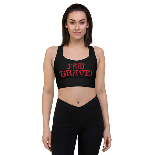 “I’AM BRAVE! Black Longline Sports Bra W/Red Font