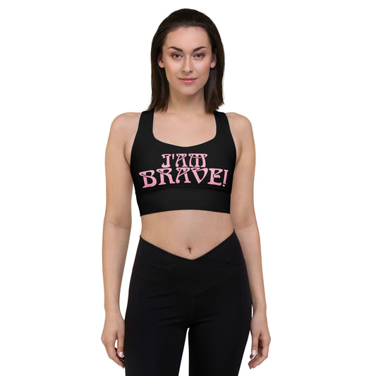 “I’AM BRAVE!” Black Longline Sports Bra W/Cotton Candy Font