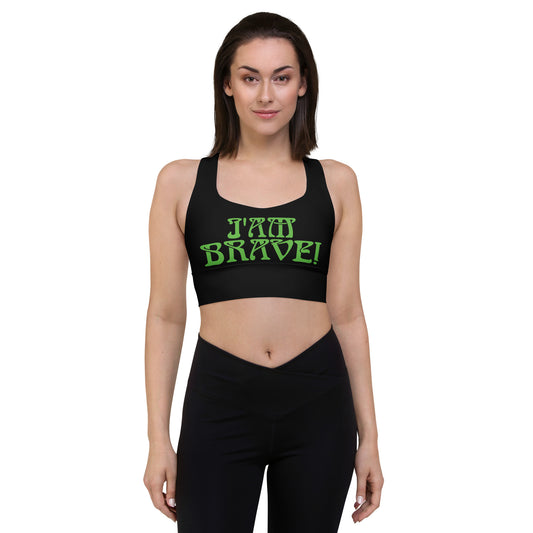 “I’AM BRAVE!” Black Longline Sports Bra W/Green Font