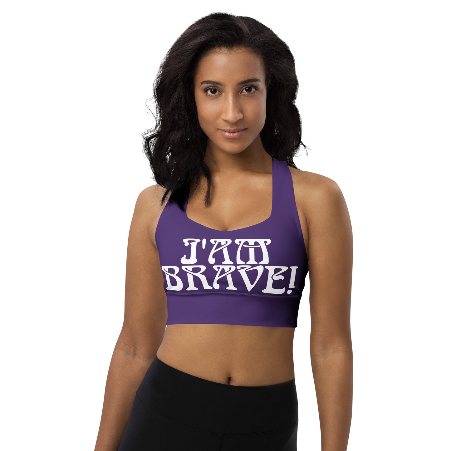 “I’AM BRAVE!” Purple Longline Sports Bra W/White Font