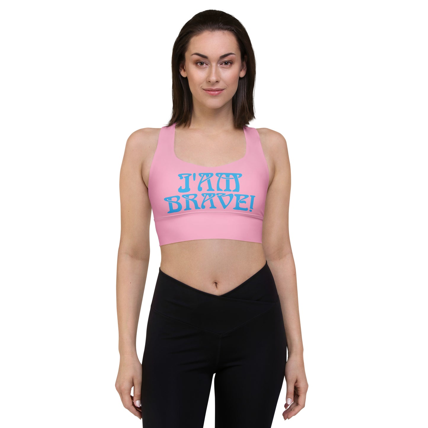 “I’AM BRAVE!” Cotton Candy Longline Sports Bra W/SkyBlue Font