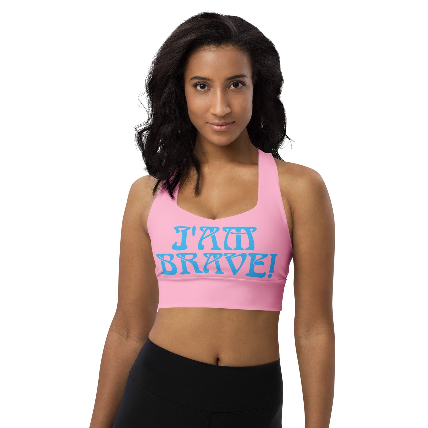 “I’AM BRAVE!” Cotton Candy Longline Sports Bra W/SkyBlue Font