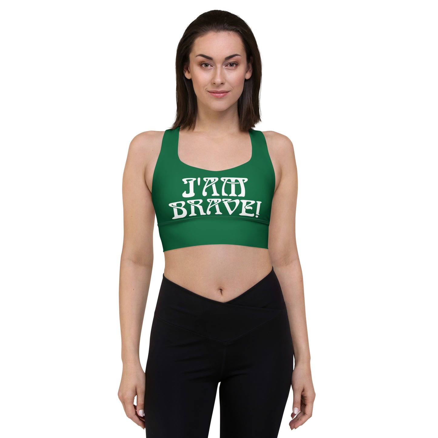 “I’AM BRAVE!” Green Longline Sports Bra W/White Font