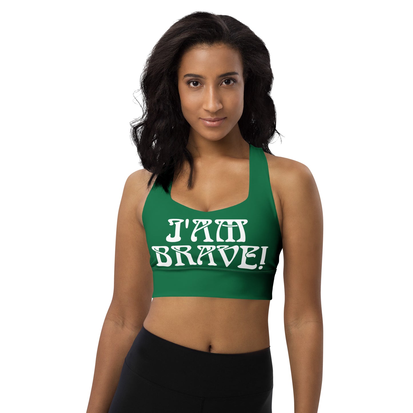 “I’AM BRAVE!” Green Longline Sports Bra W/White Font